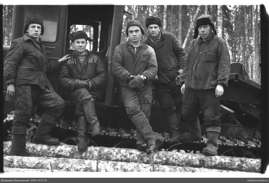 Группа мужчин на фоне трактора и леса
