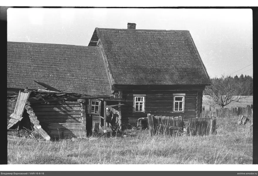 Holzhaus mit Person im Vordergrund