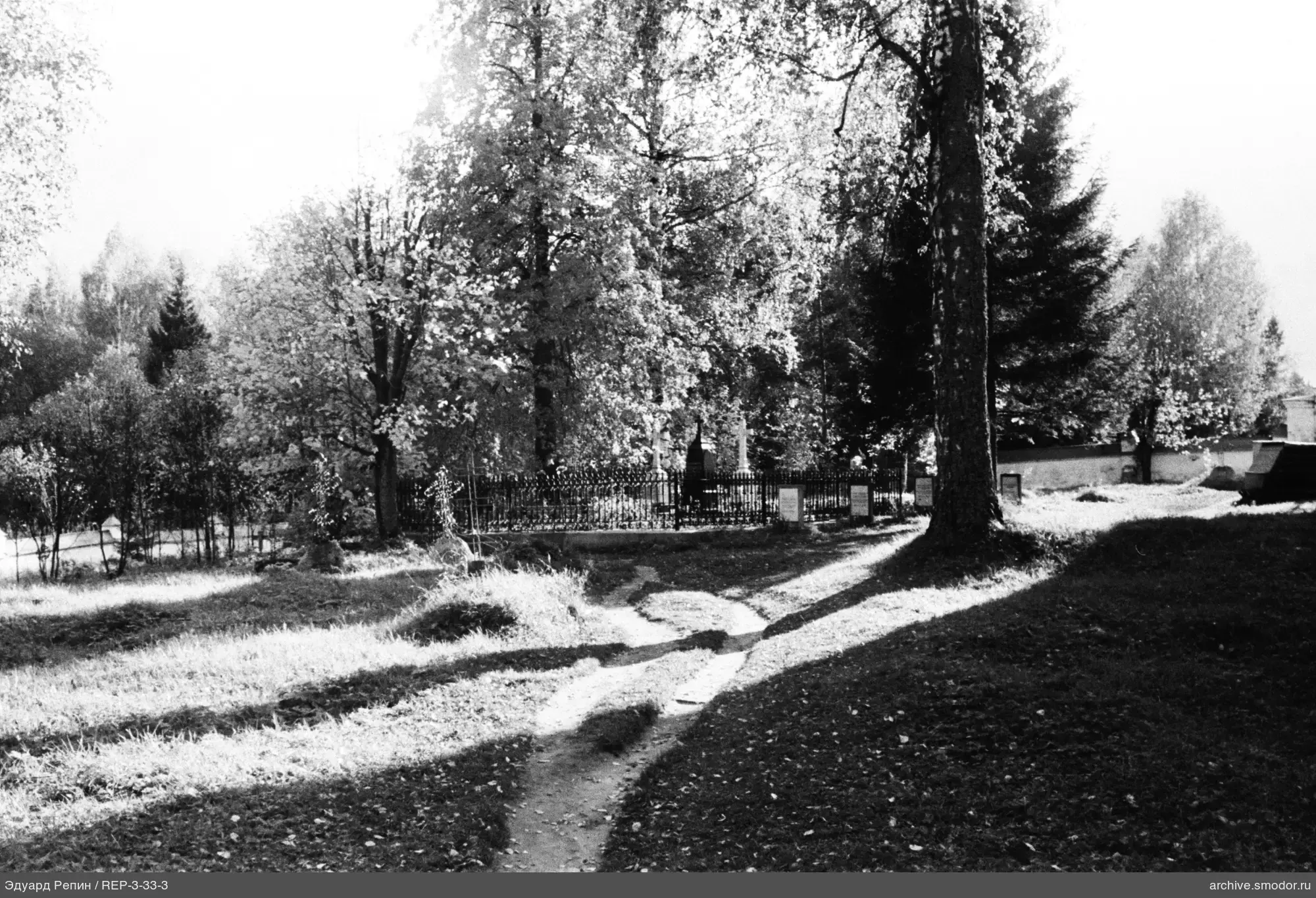 Waldlichtung mit Denkmälern und Zaun