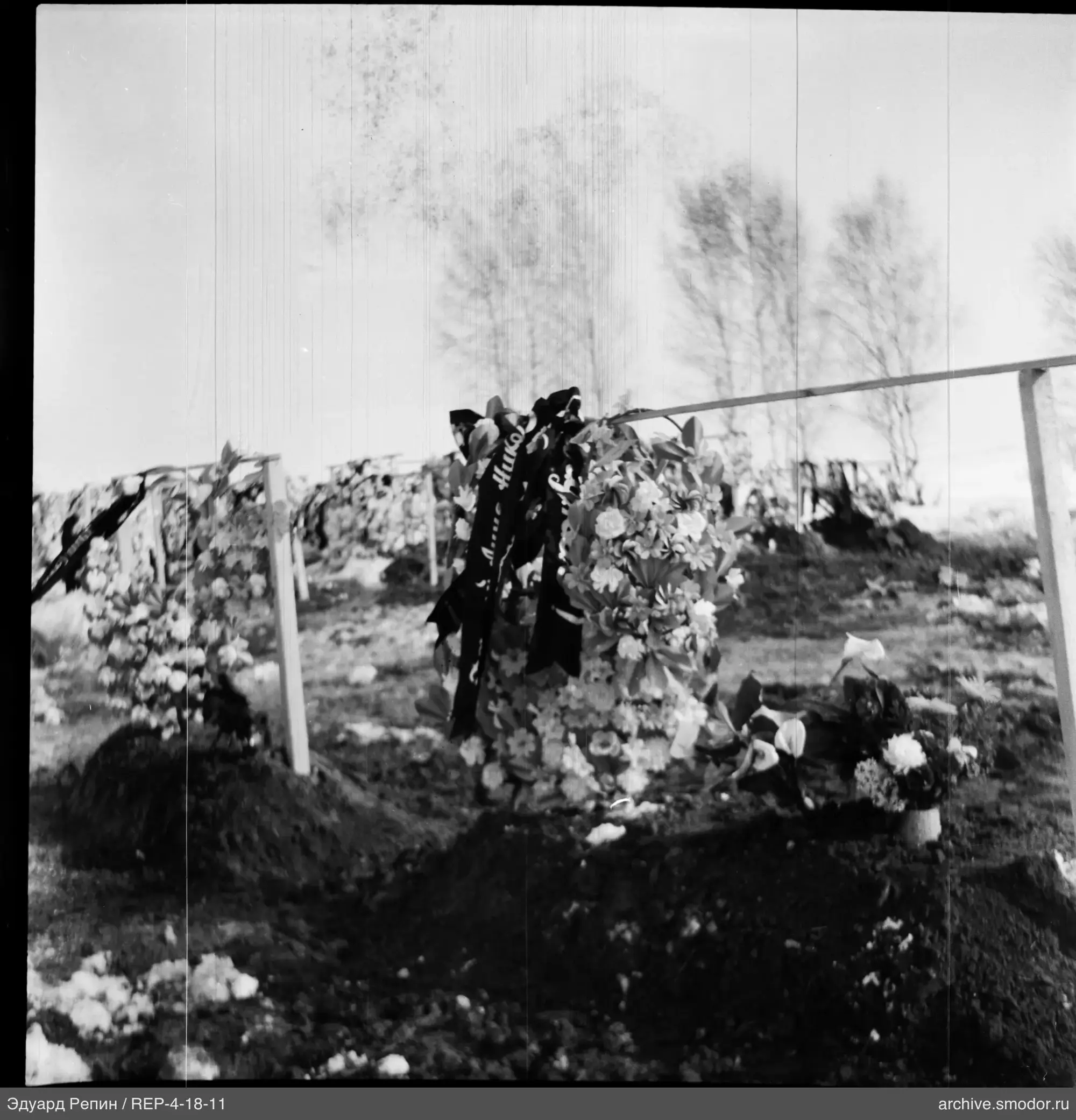 Могилы с венками и оградой