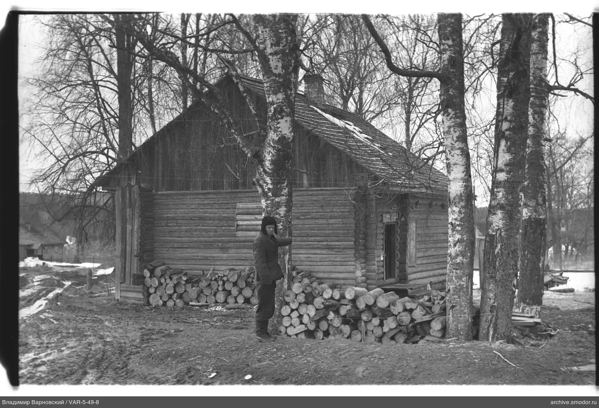 Mann bei Birke und Holzhaus