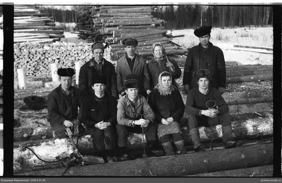 Gruppe von Männern und Frau mit Baumstämmen und elektrischer Säge