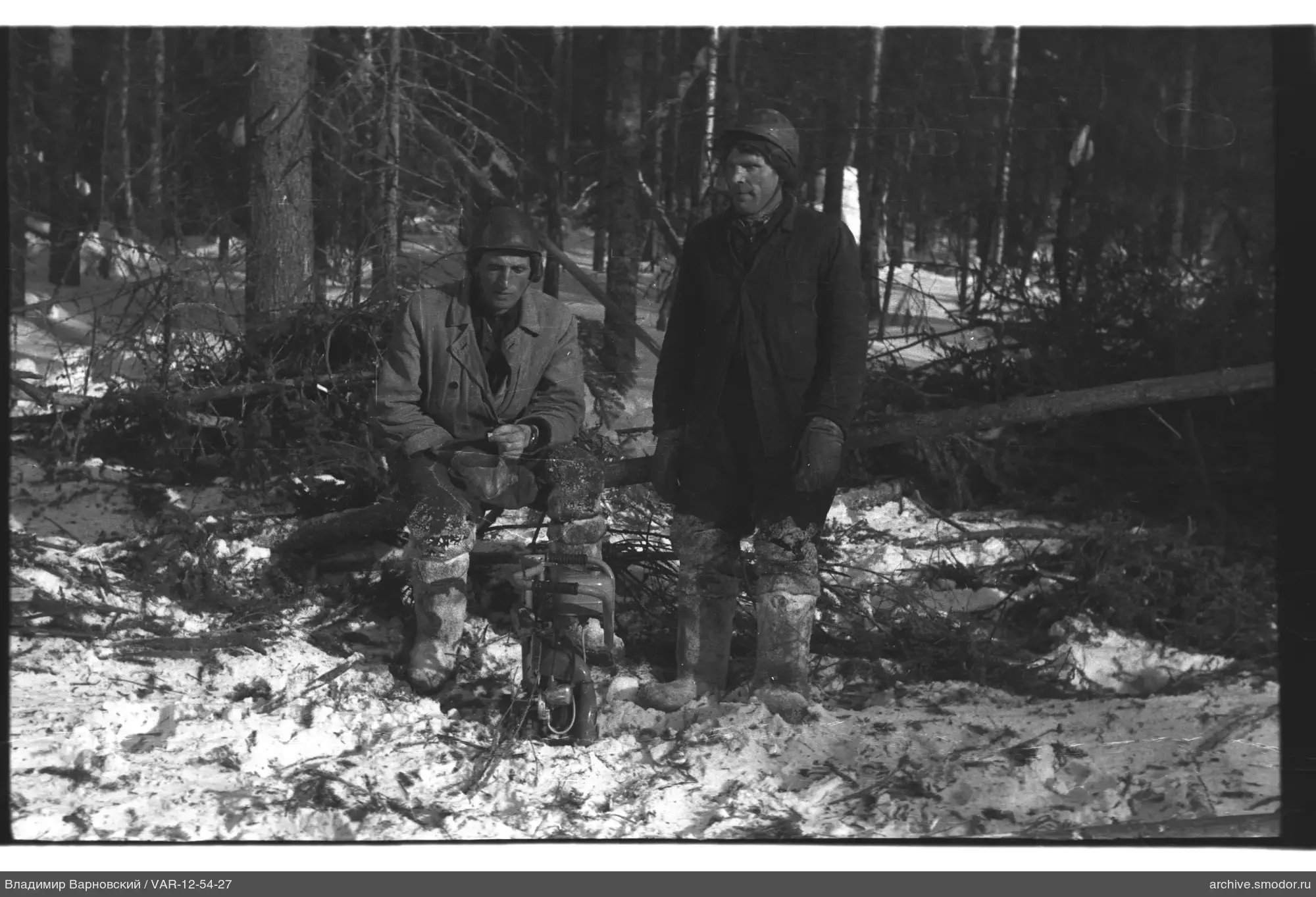 Zwei Holzfäller mit Kettensäge im Wald