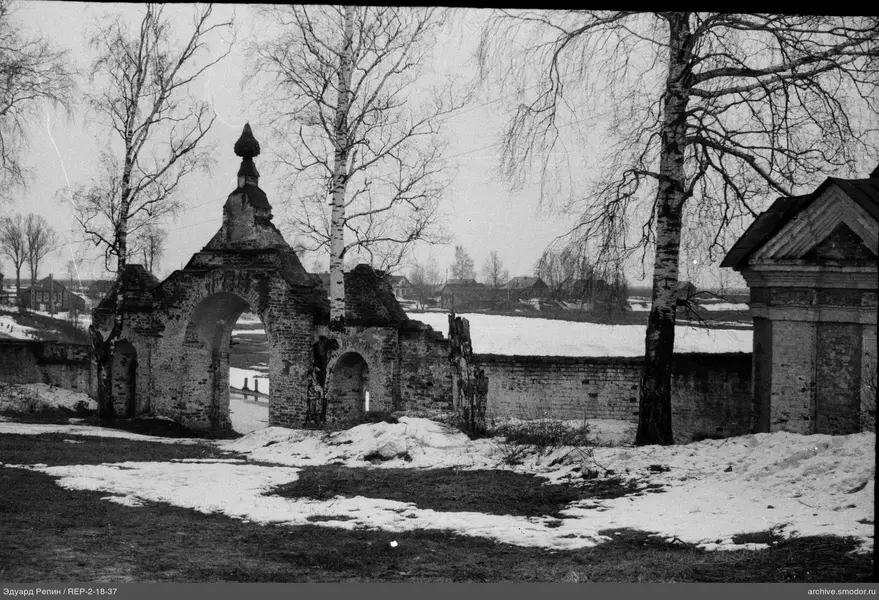 Остатки кирпичной стены с аркой и деревья