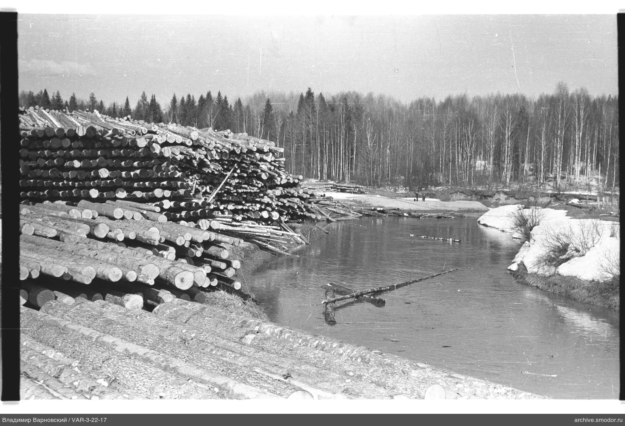 Stapel von Baumstämmen und Fluss mit treibenden Holzstücken
