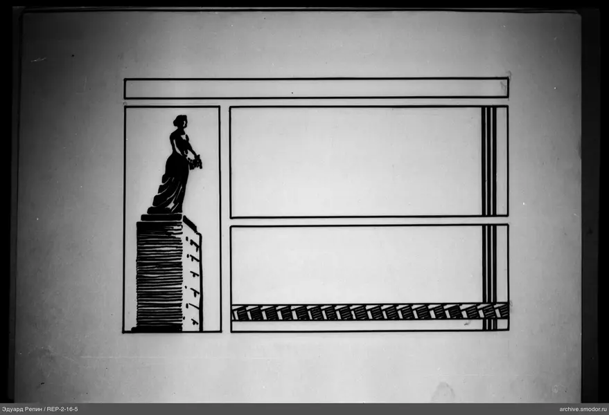 Statue einer Frau und grafische Elemente
