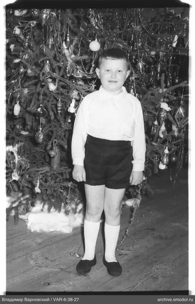 Junge vor geschmücktem Weihnachtsbaum