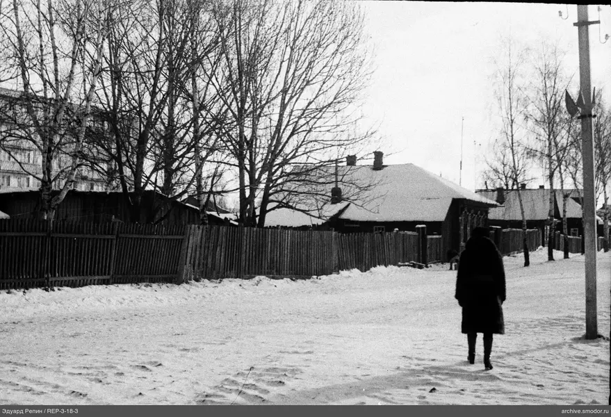 Человек на заснеженной улице с деревьями и электропроводами