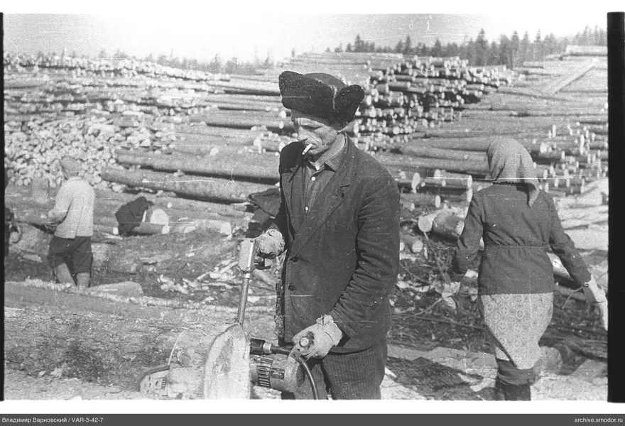 Man with electric saw and group of people