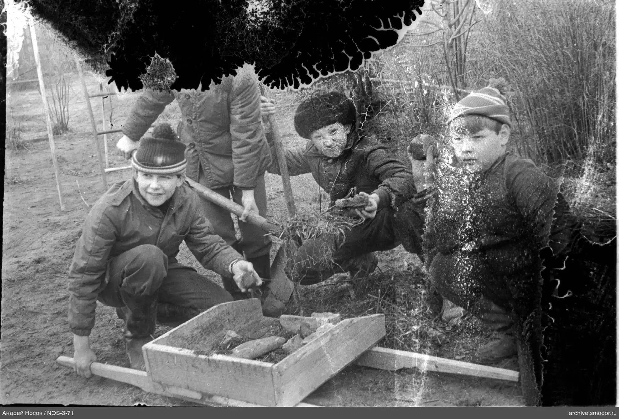 Мальчики с лопатами и тачкой на природе