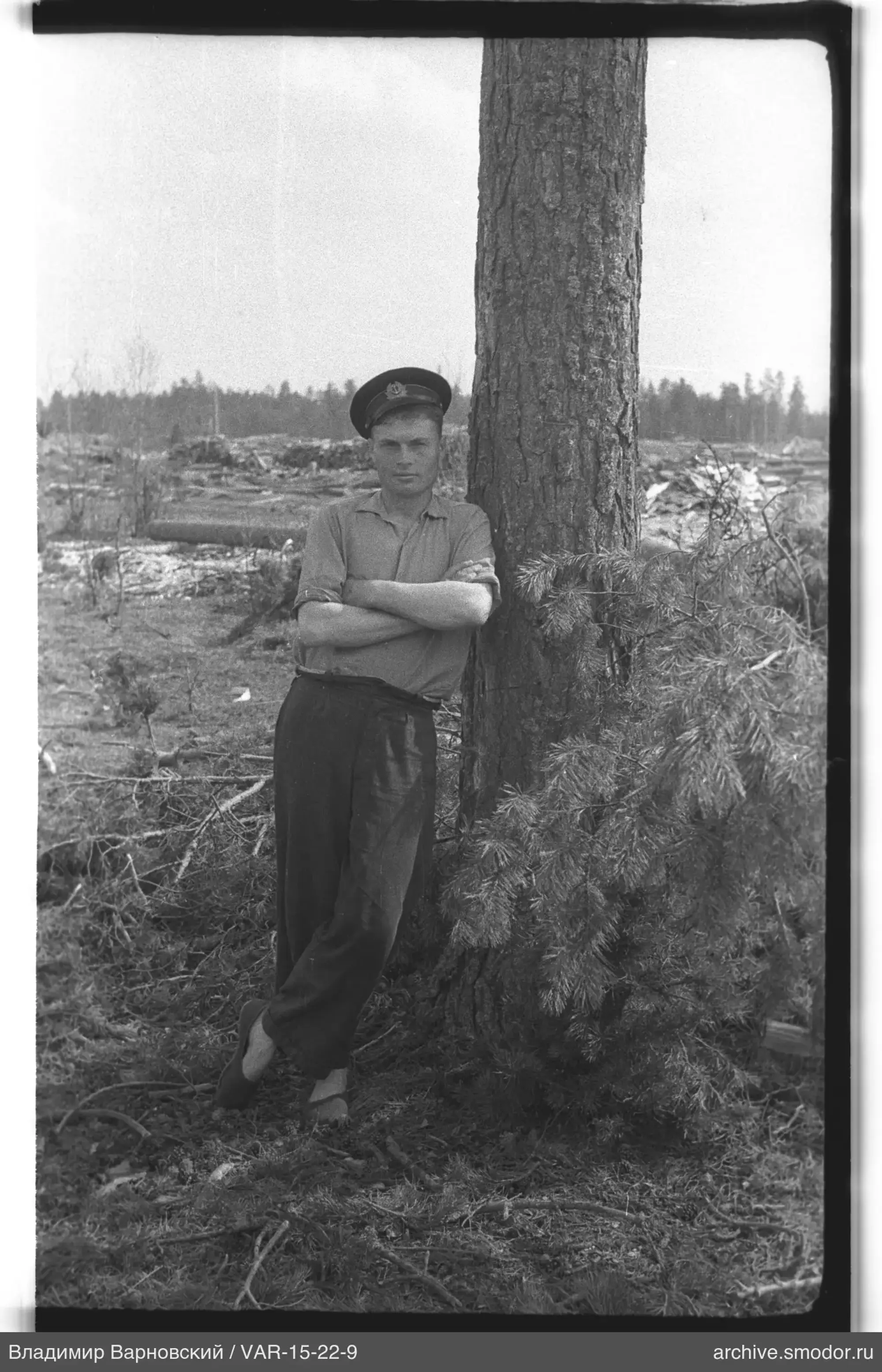 Mann mit Militärmütze am Baum