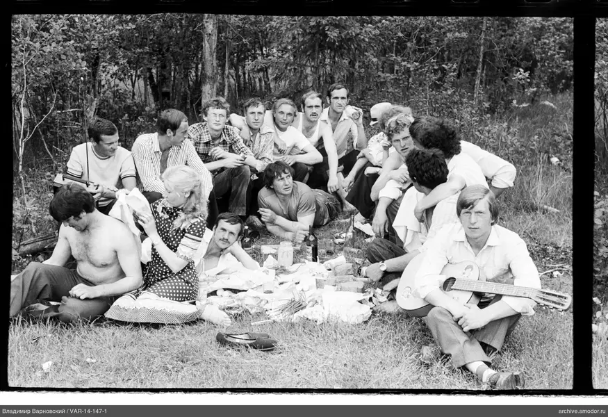 Group on grass with guitar and food