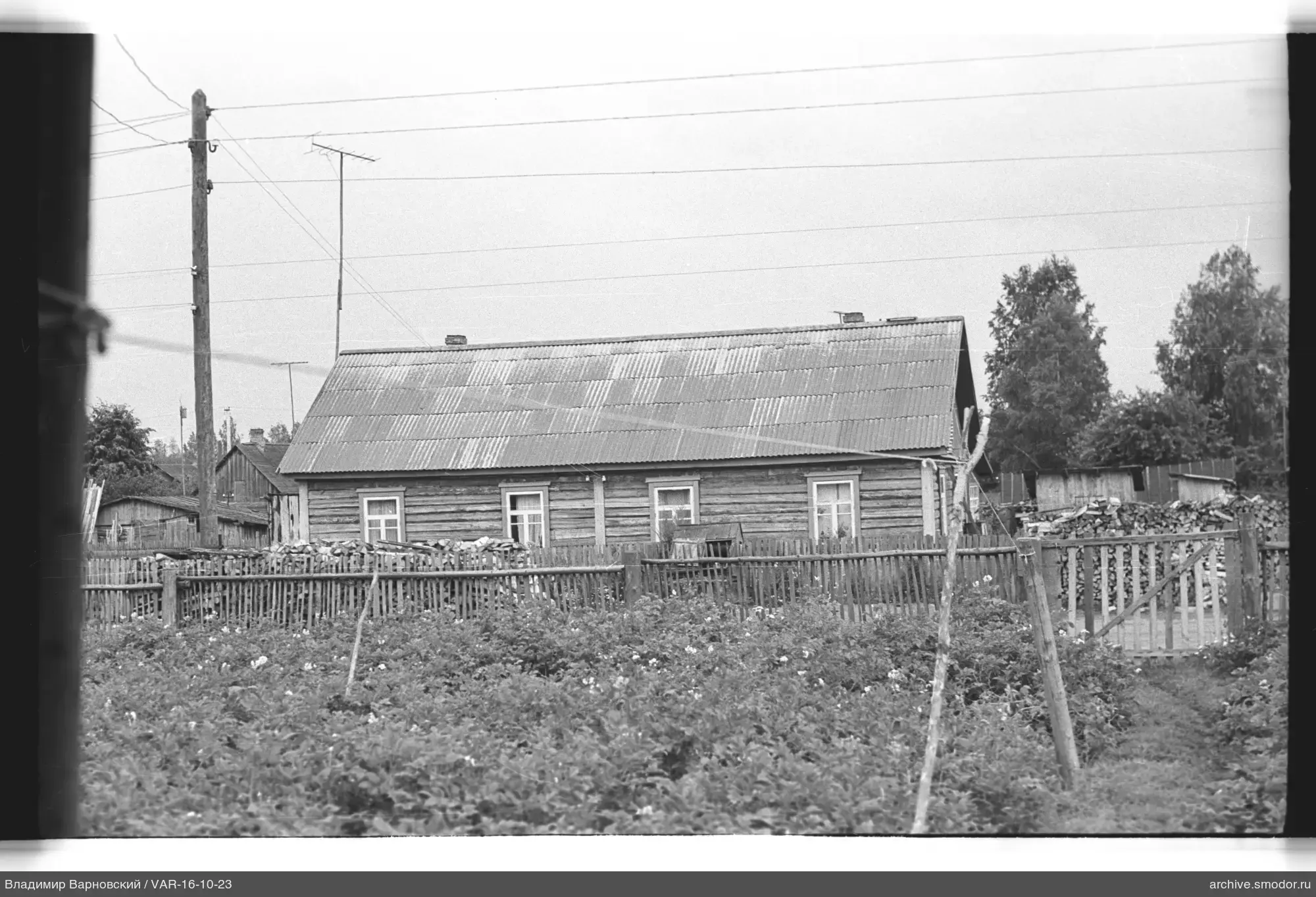 Деревянный дом с огородом и стогами дров