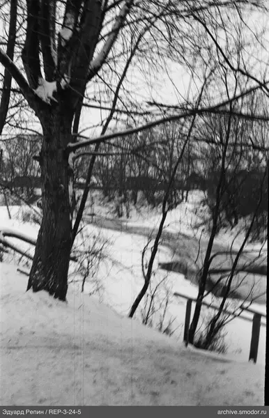Schneebedeckter Hang mit Bäumen und Fluss