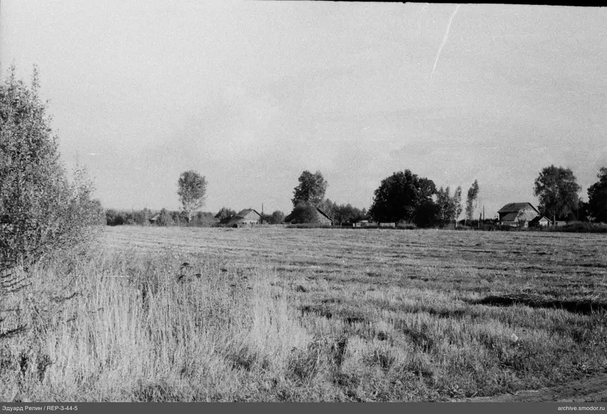 Landschaft mit Holzhäusern und Feld