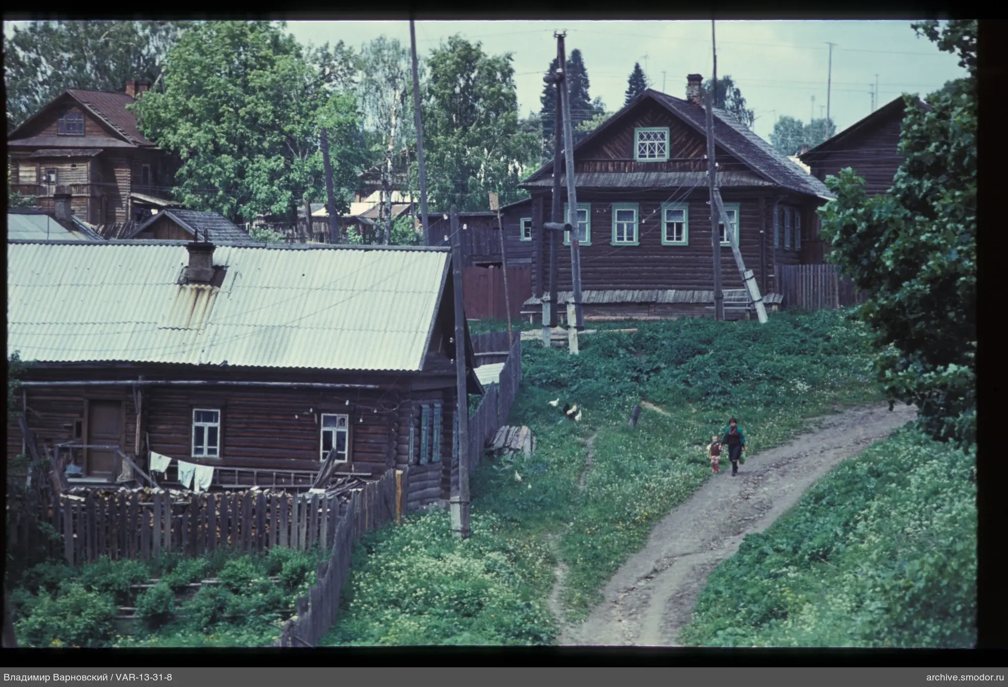 Dorfstraße mit Häusern und Garten