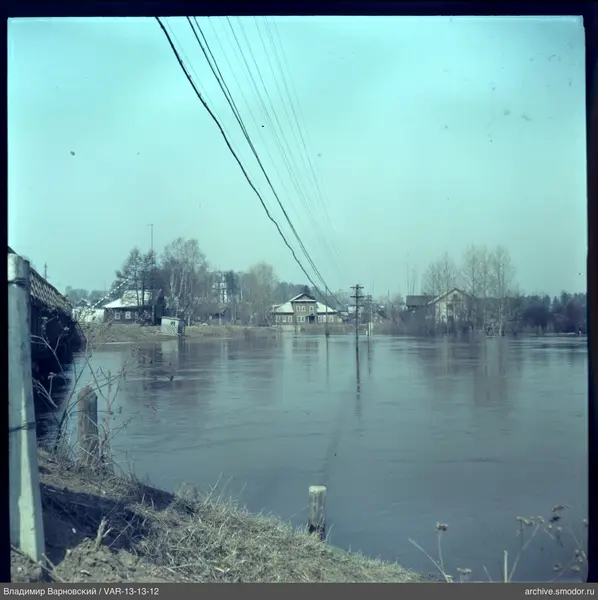 River with flooded shoreline and power lines supports