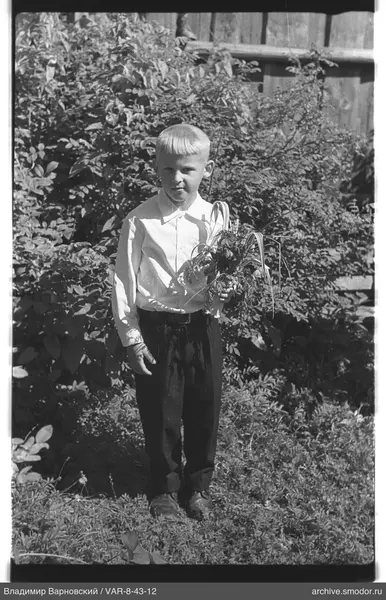 Junge mit Blumenstrauß auf grasbewachsener Fläche