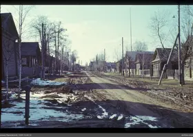 Ländliche Straße mit Häusern und Bäumen