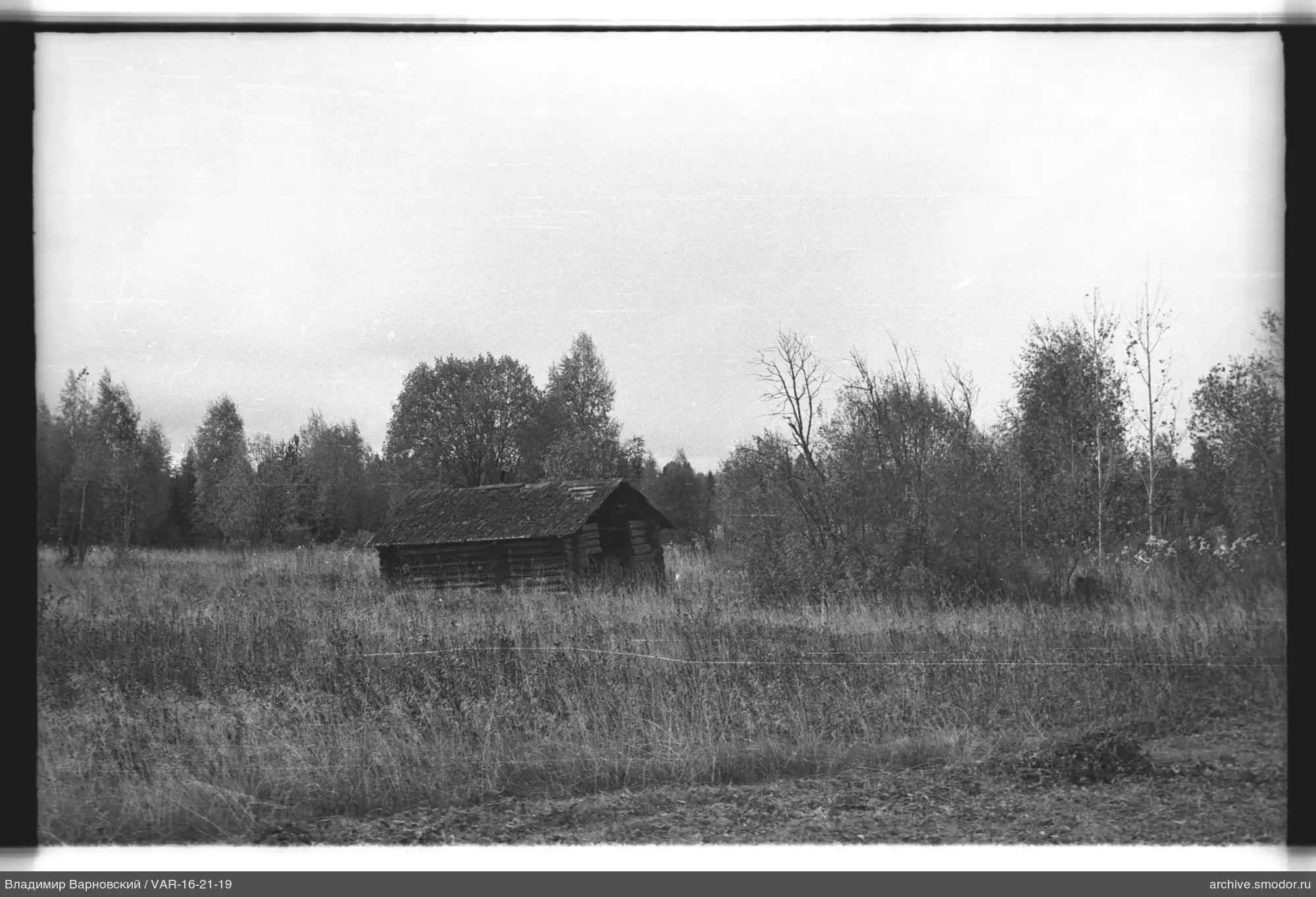 Landschaft mit Holzgebäude und Bäumen