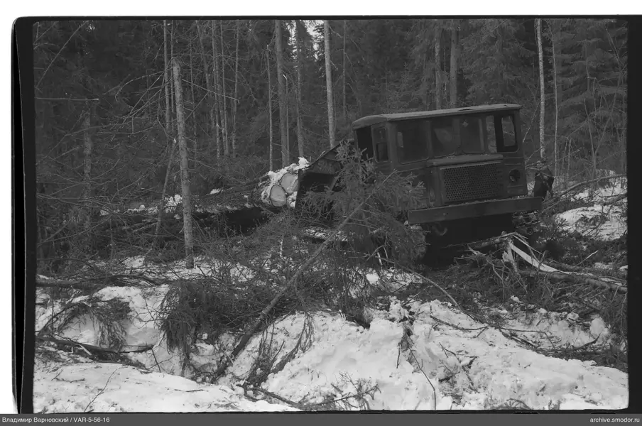Tracked tractor with logs and person with axe