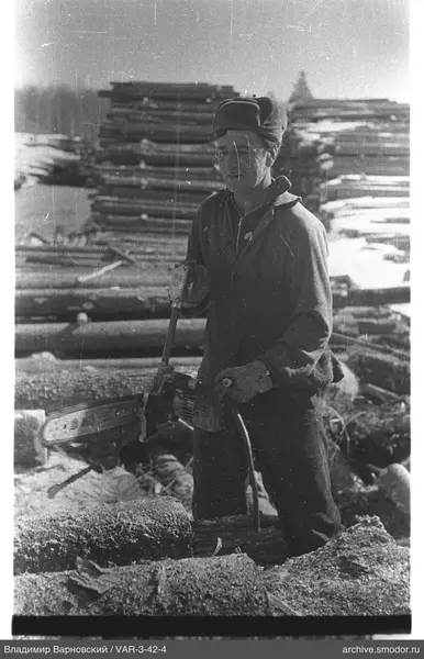 Man with chainsaw near logs