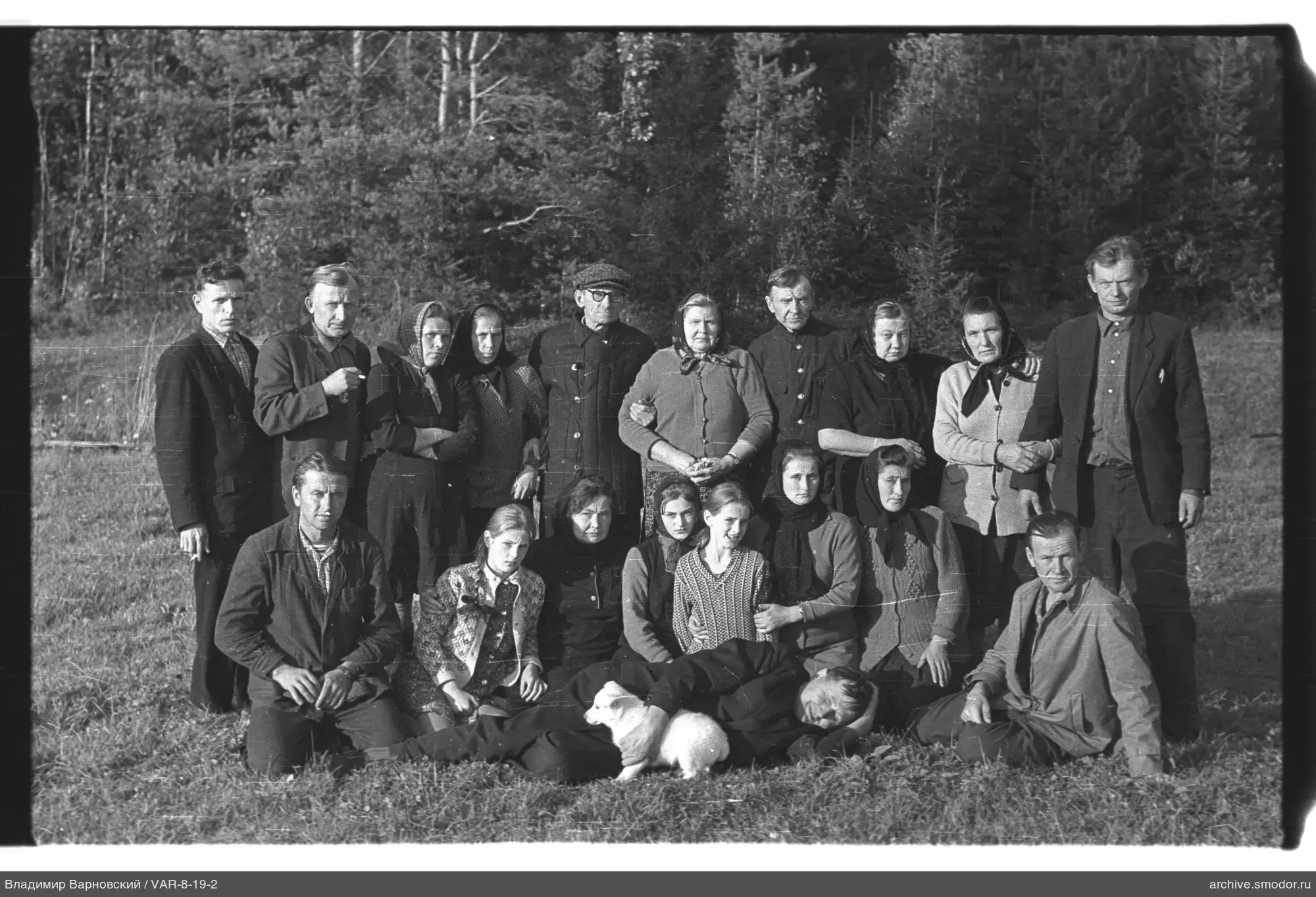 Gruppe von Menschen und Hund im Gras
