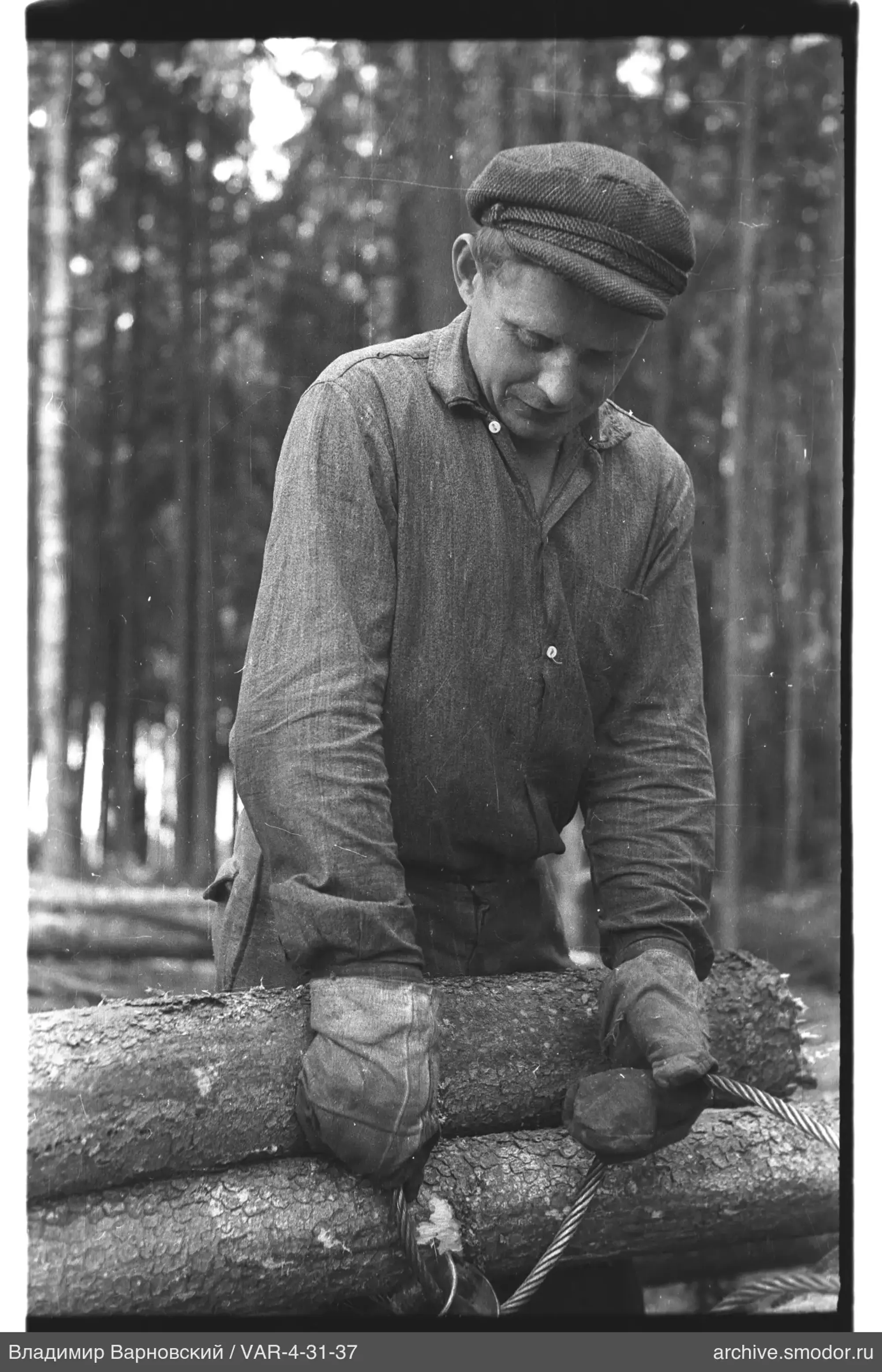Mann mit Holzstämmen im Wald