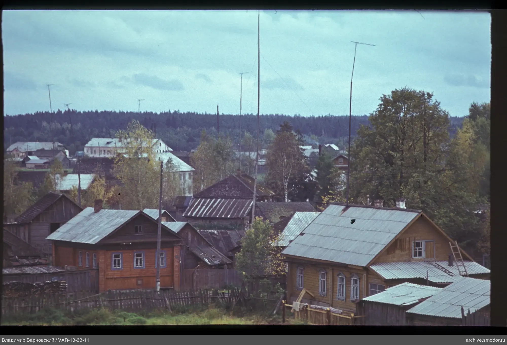 Village settlement with antennas and forest