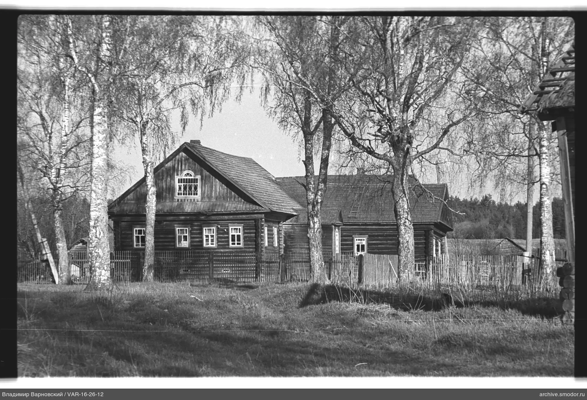 Holzhaus mit Birken und Zaun