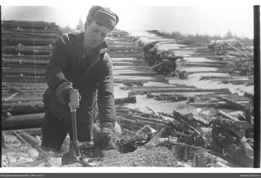 Man with a tool near logs in snow