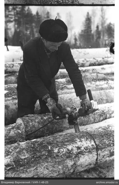 Man with electric tool by a log