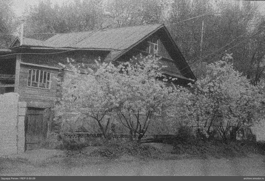 Holzhaus mit blühenden Büschen