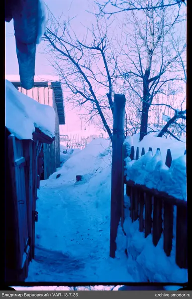 Snowy path between house and fence