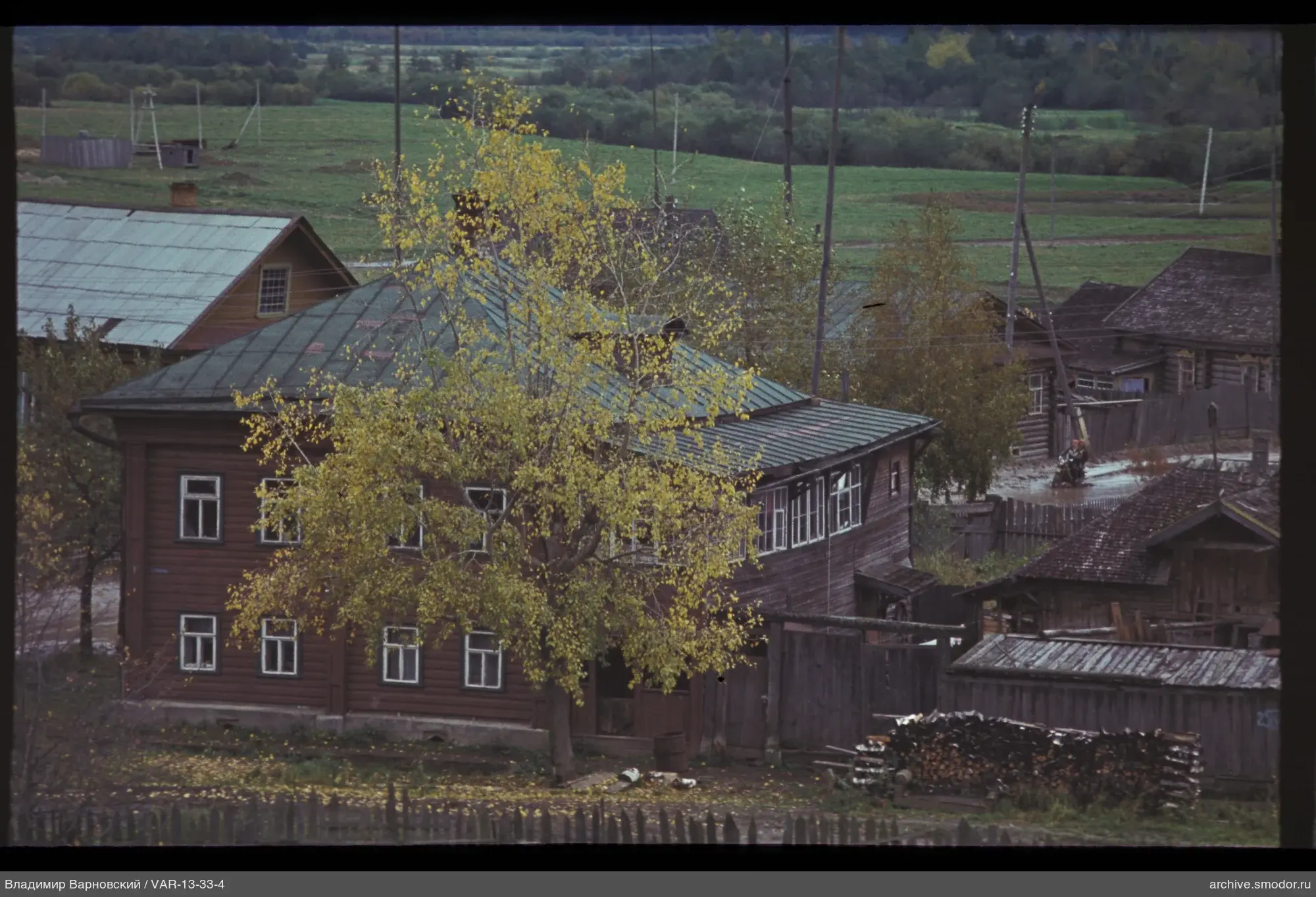 Holzhaus mit grünem Dach und Baum mit gelbem Laub