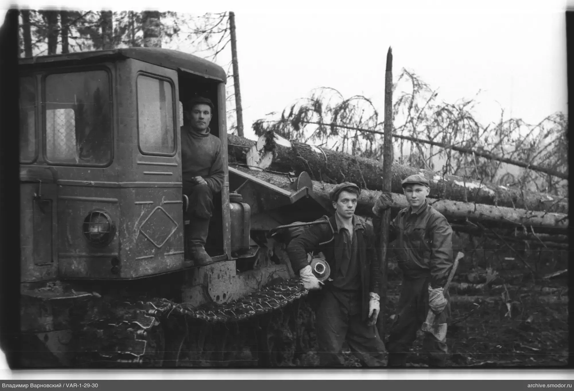 Männer mit Traktor und Wald