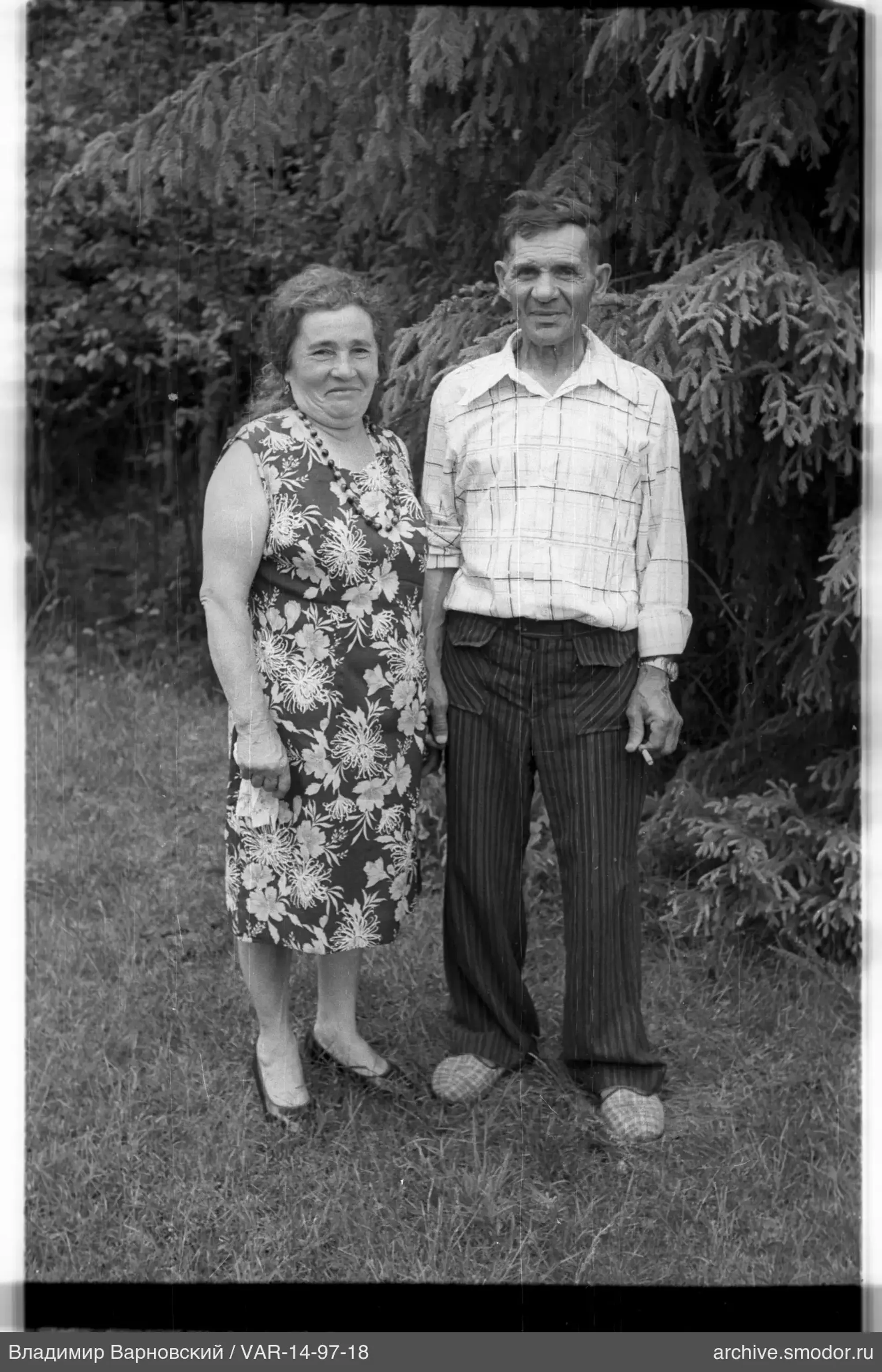 Gruppenfoto von Mann und Frau vor Nadelbaum