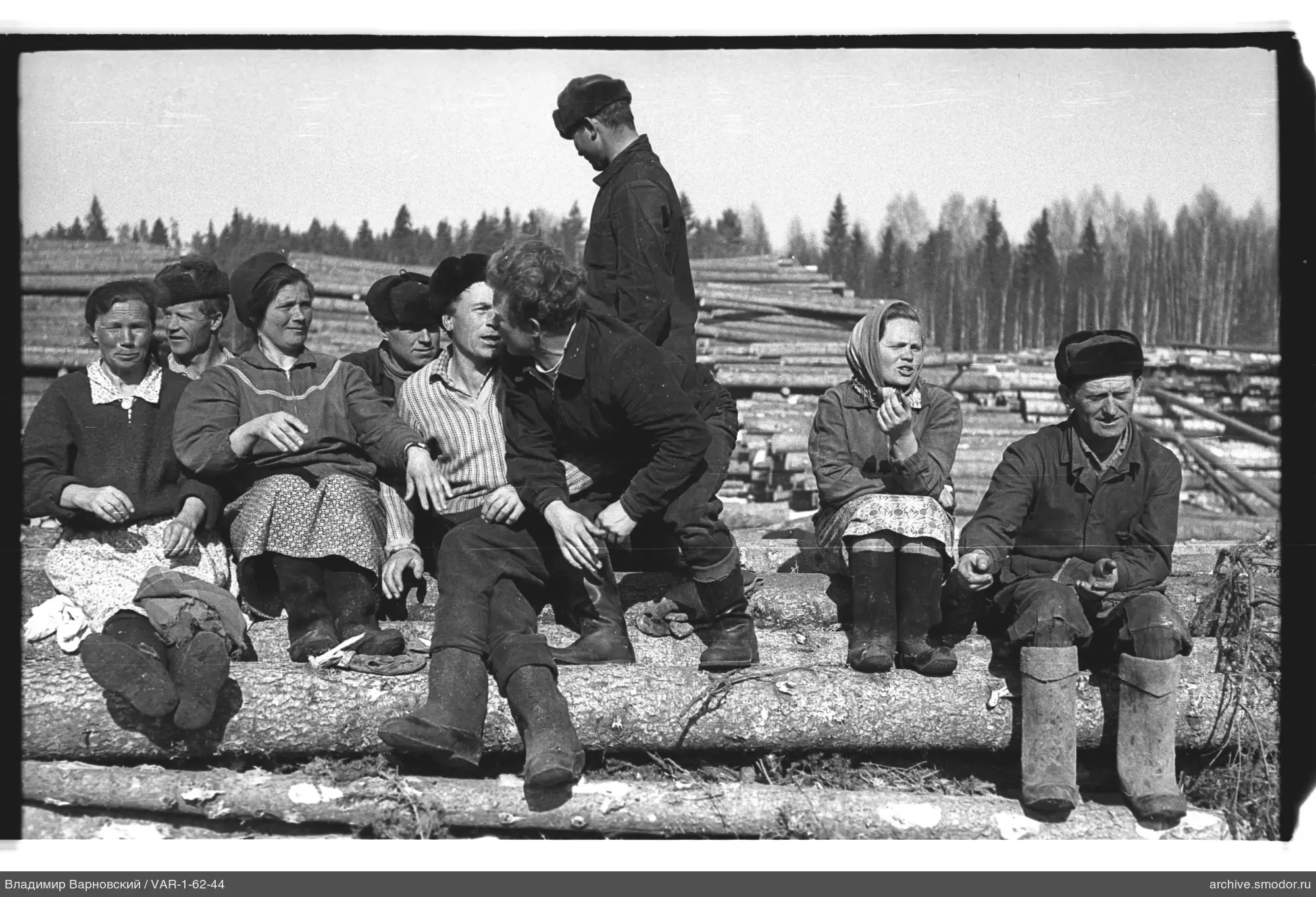 Gruppe von Menschen auf Baumstämmen im Wald