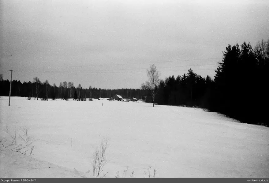Schneebedecktes Feld und Holzbauten