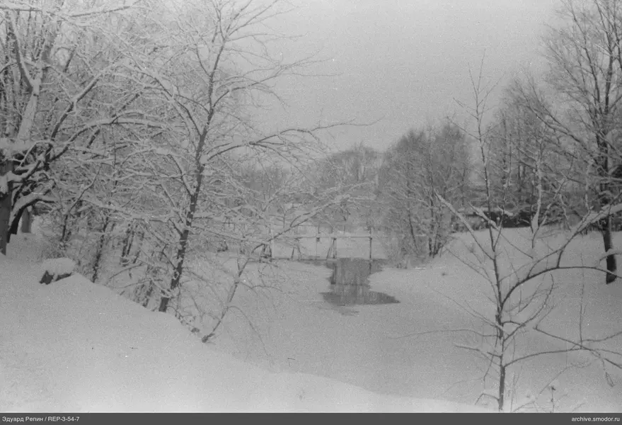 Schneebedeckte Landschaft mit Fluss und Bäumen