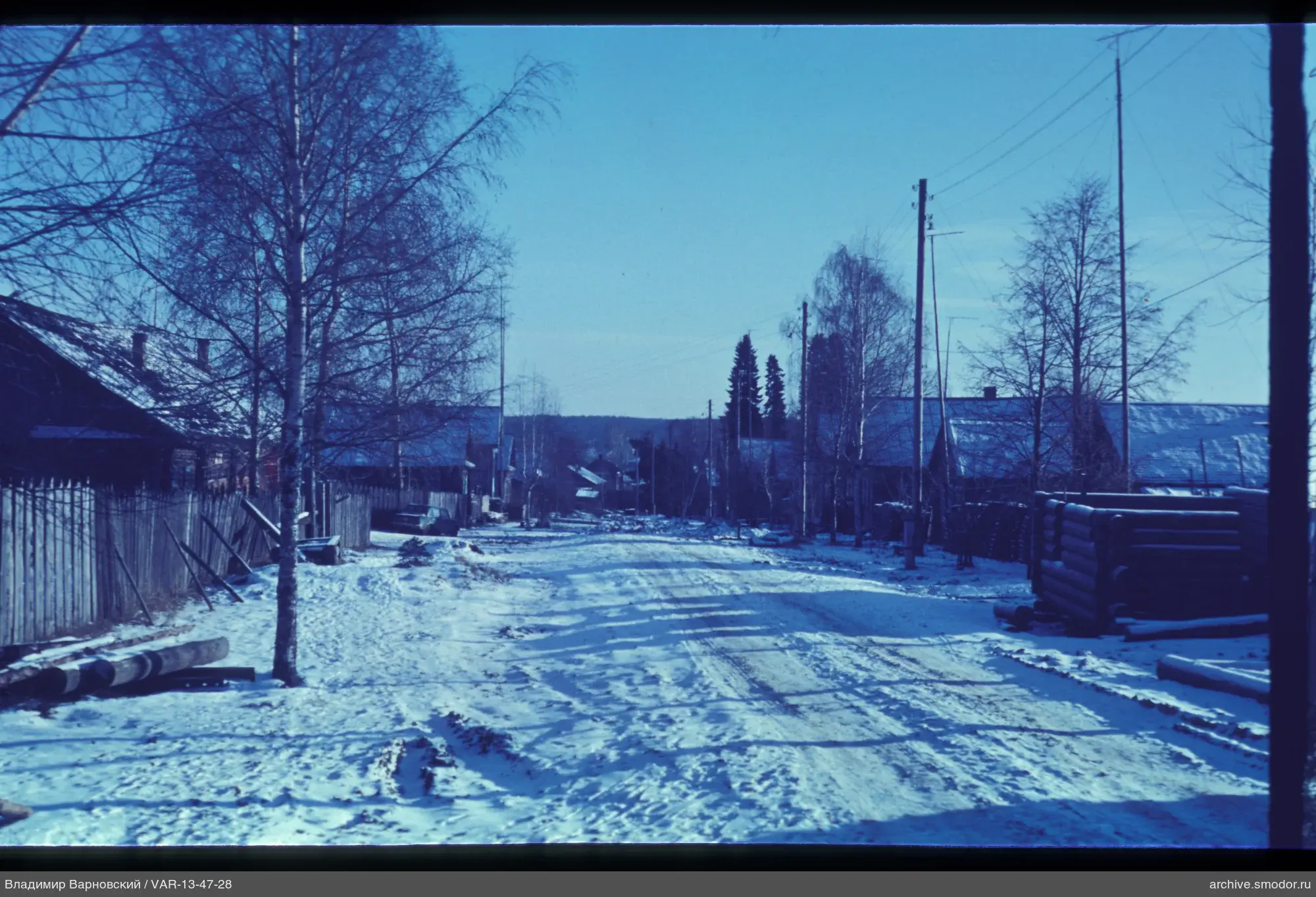 Verschneite Straße mit Zäunen und Bäumen