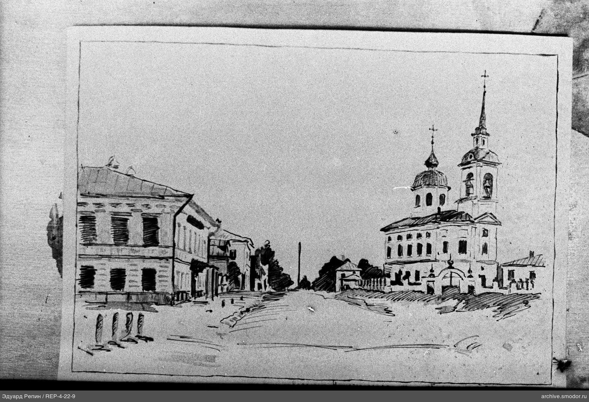 Рисунок улицы с домами и церковью