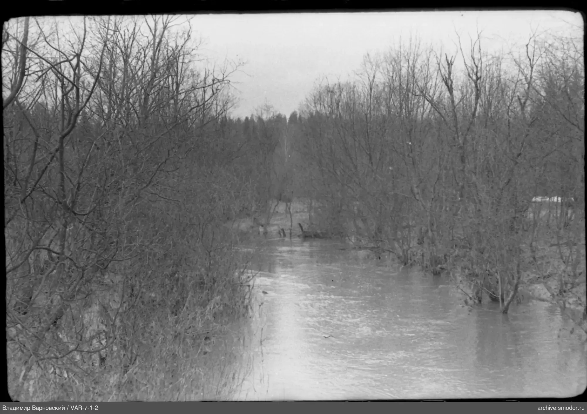 Fluss mit Bäumen und Gebäude