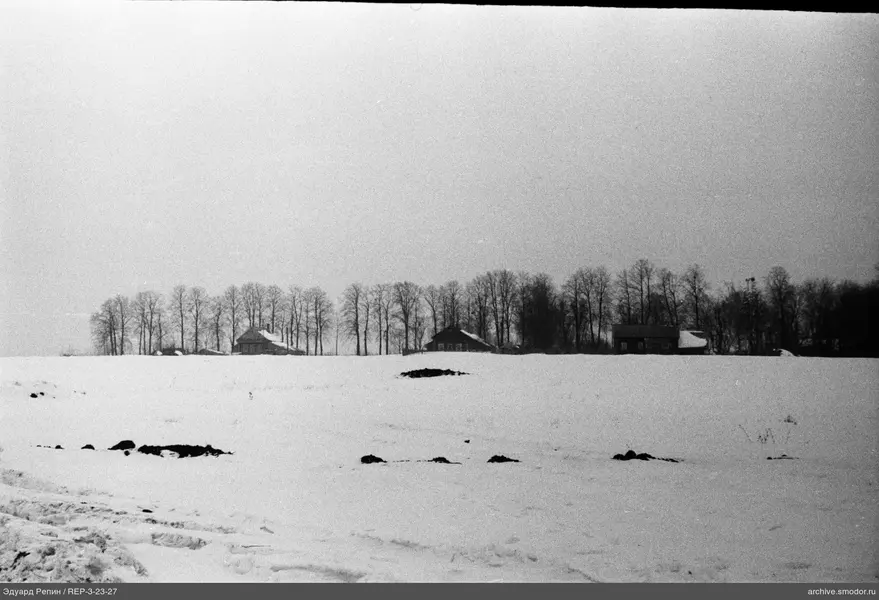 Schneebedecktes Feld und Holzhäuser