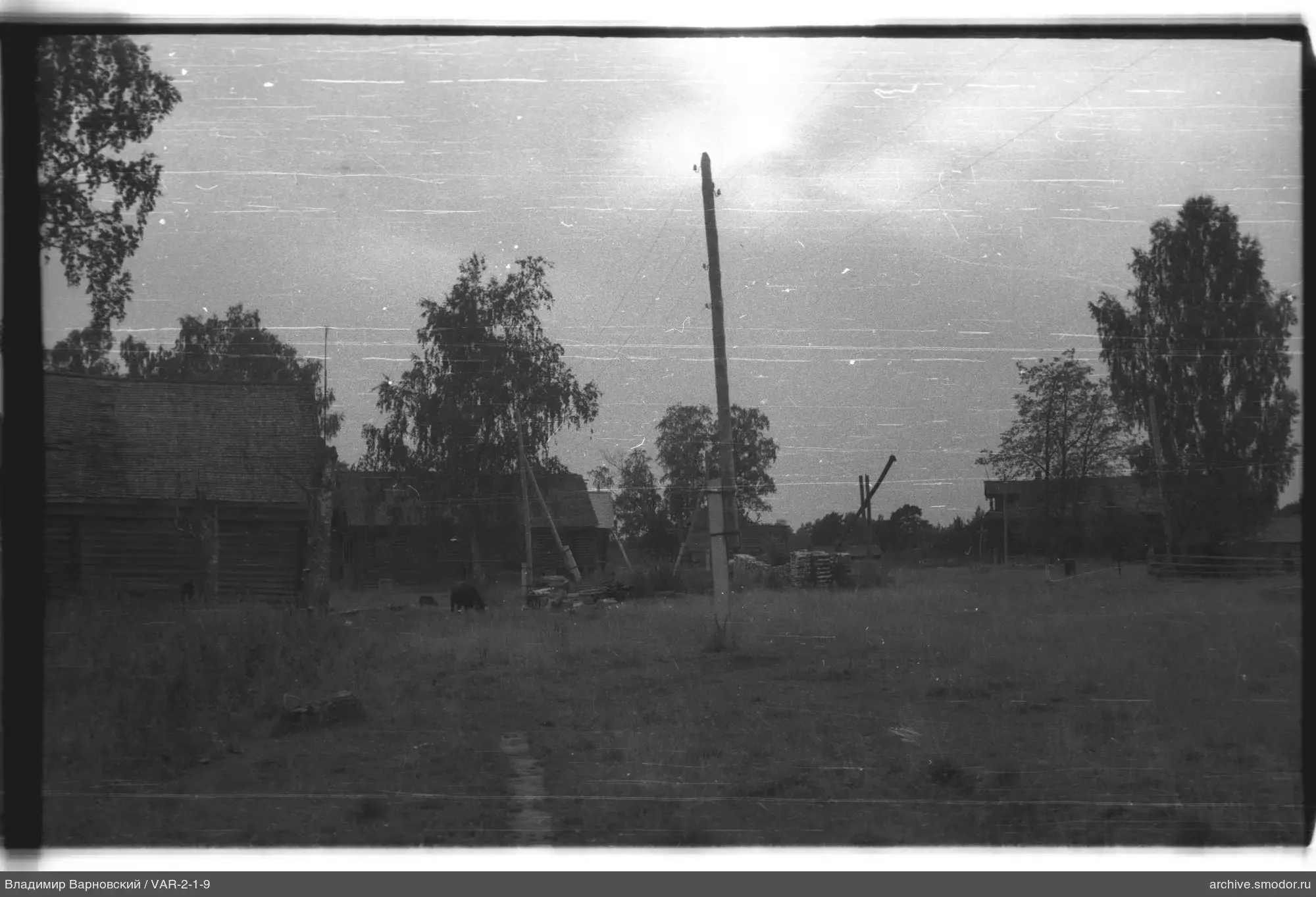 Landscape with field, trees and buildings