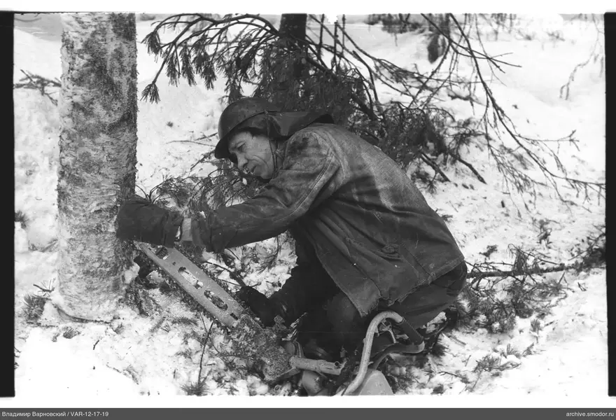 Mann mit Kettensäge bei Schneebäumen