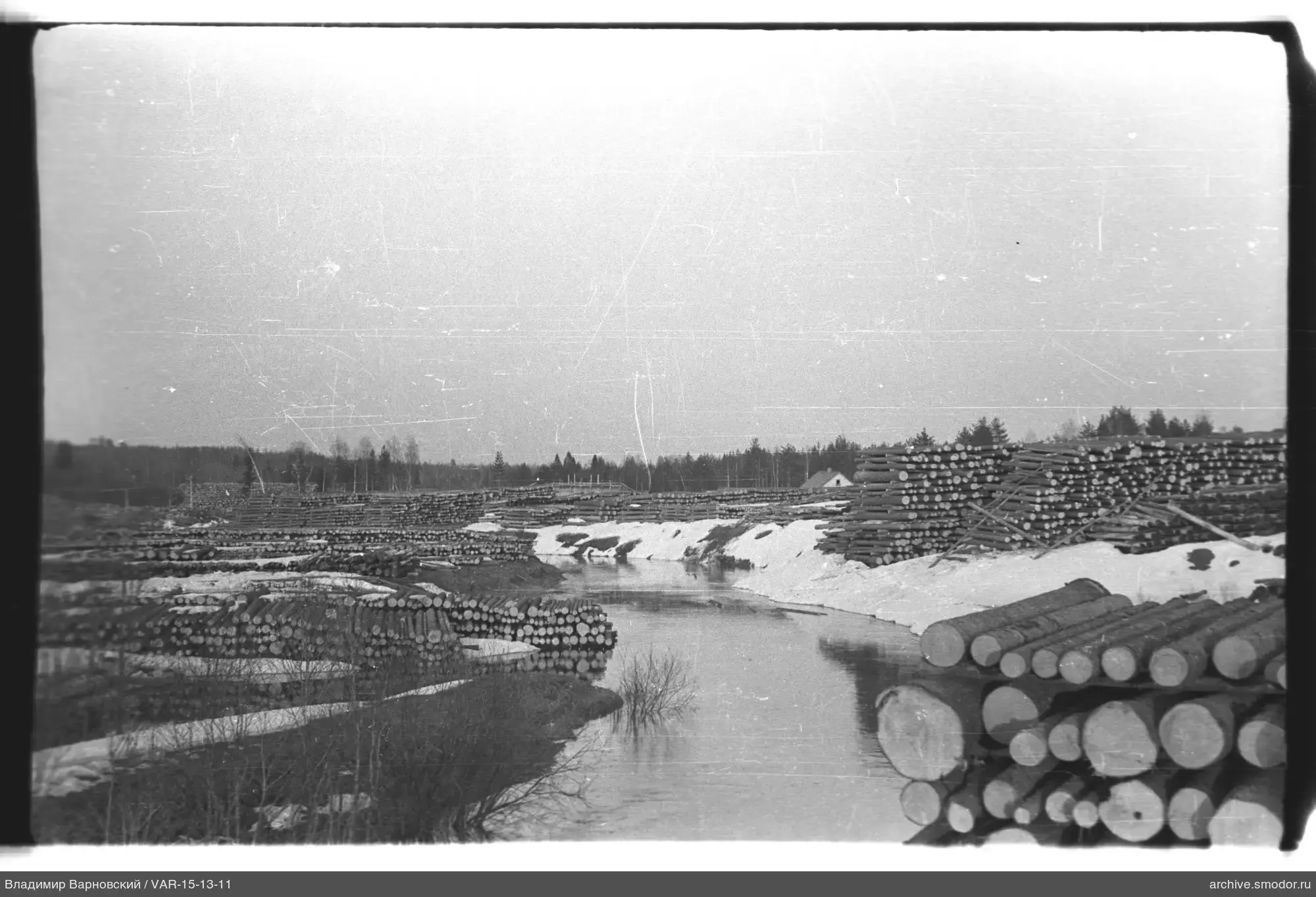 Stapel von Baumstämmen am Fluss