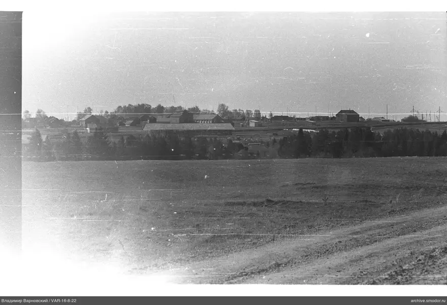 Landschaft mit Weg Bäumen und Gebäuden