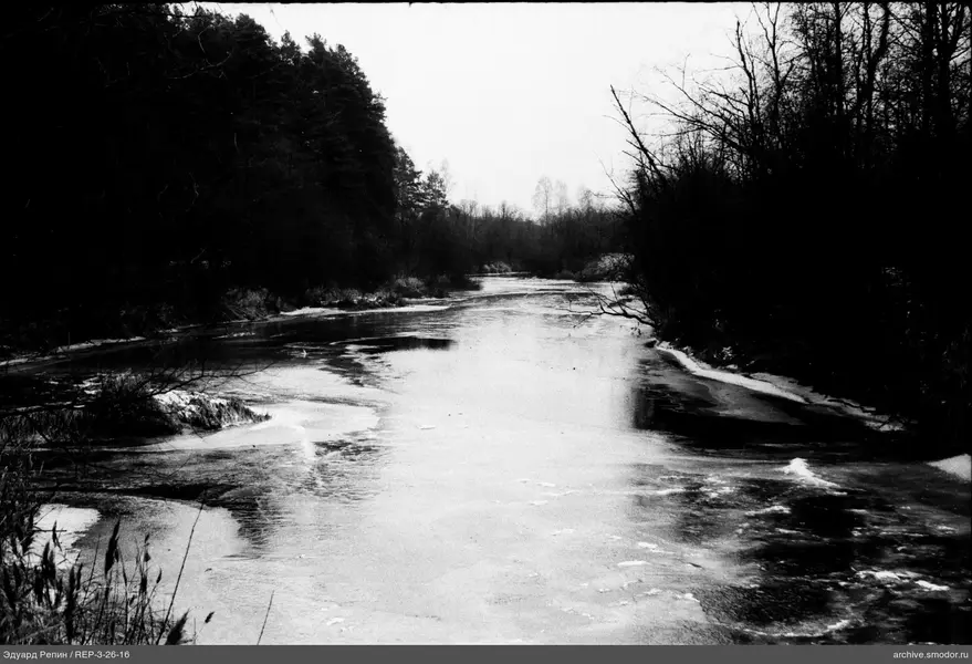 Fluss mit teilweise gefrorener Oberfläche und laublose Bäume