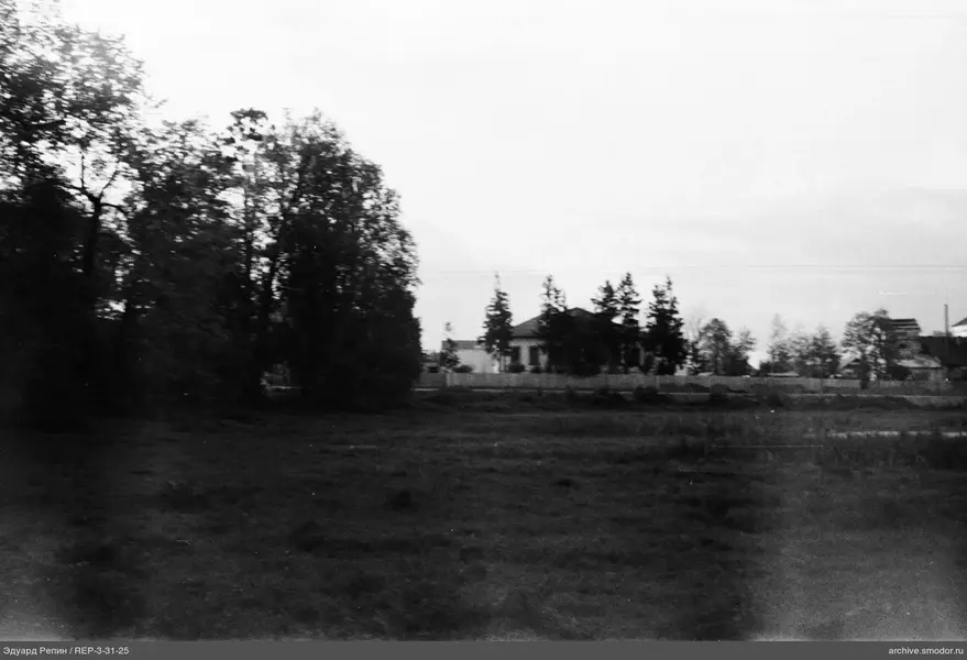 Offenes Feld mit Bäumen und Gebäuden